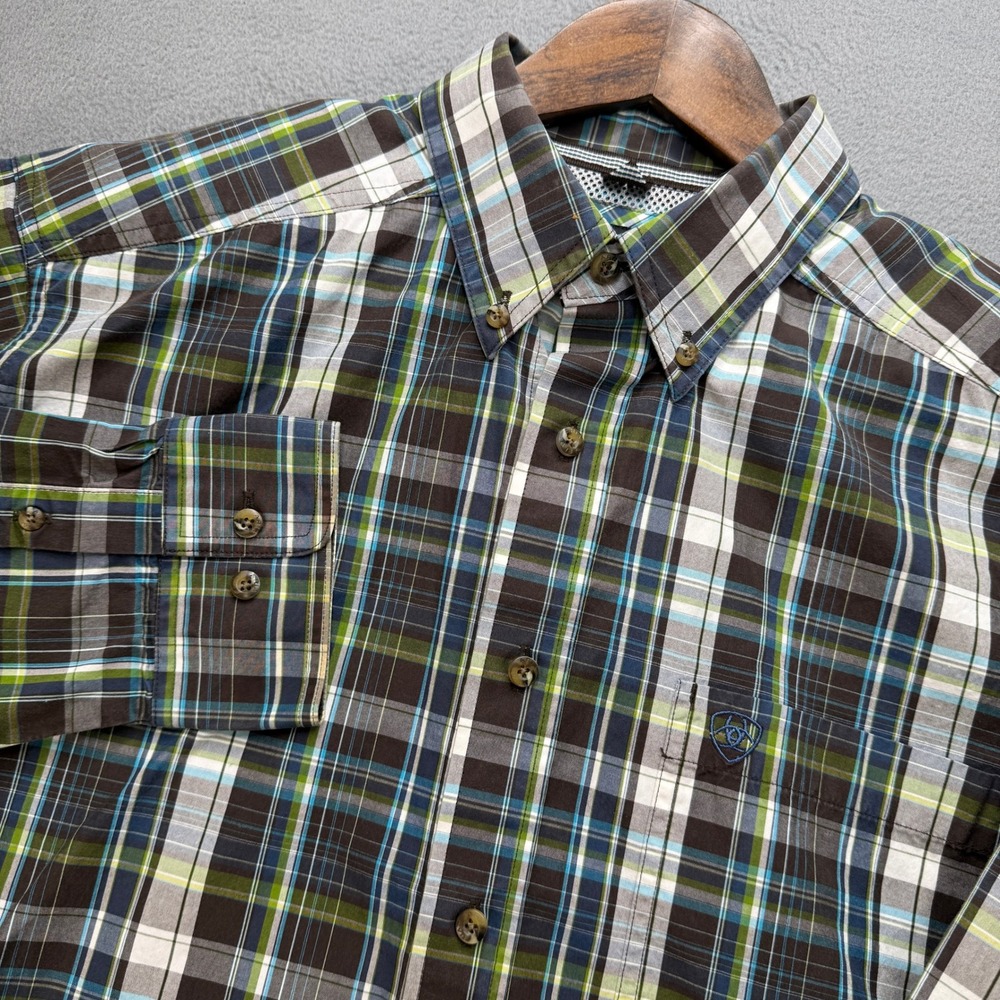Ariat Pro Series Shirt Mens L Brown Multicolor Plaid Western Workwear Equestrian